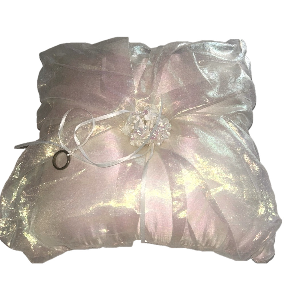 Vintage Iridescent Pink White Satin Ring Bearer Pillow